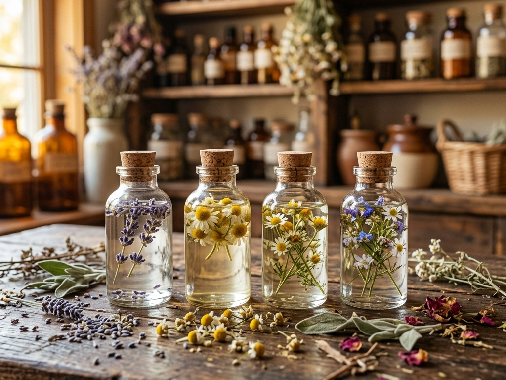 Apothecary with herbal remedies and corked glass bottles